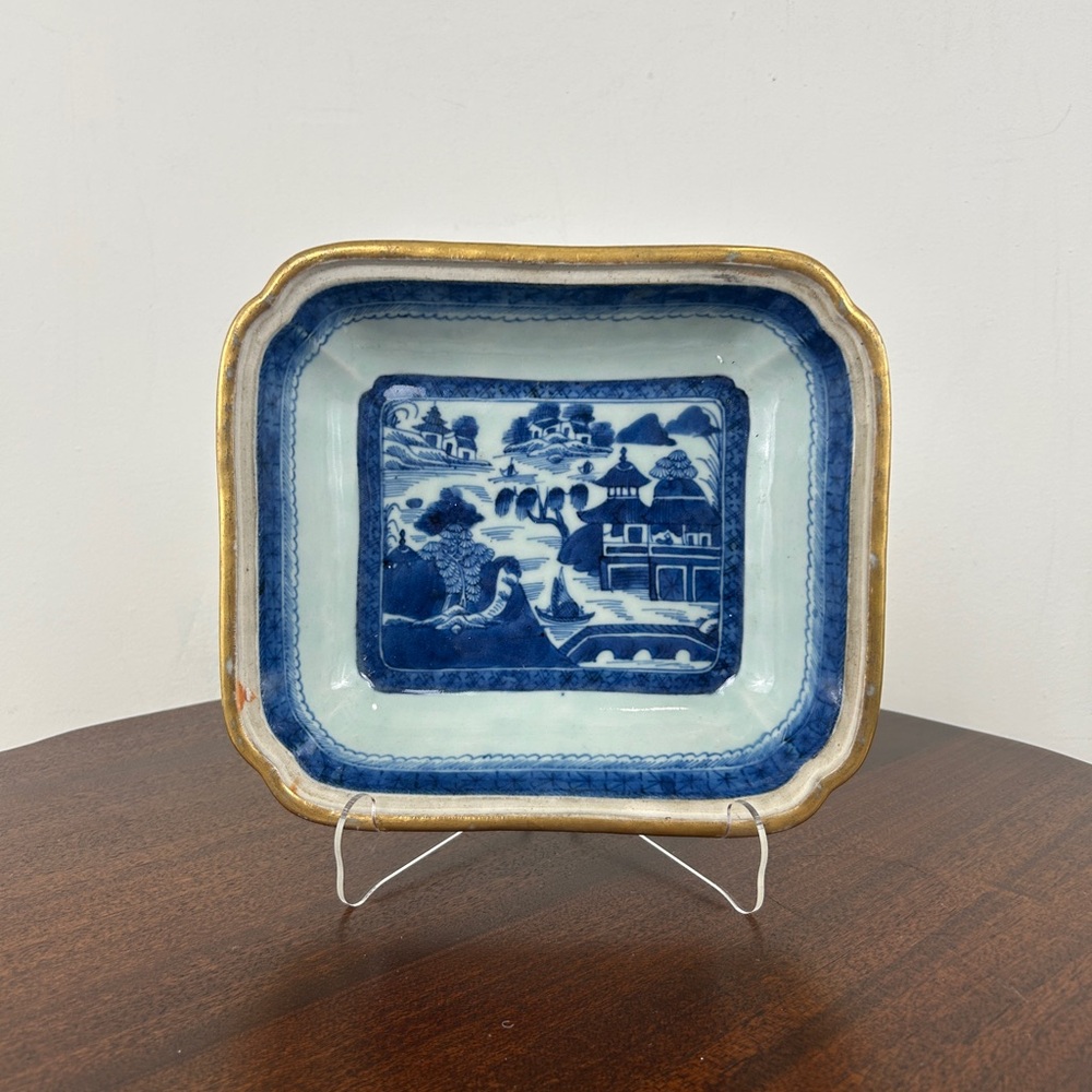 Antique 19th Century Square Canton Ware Blue and Gold Ceramic Dish #chinoiserie